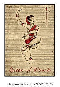 Queen of wands in red.  The minor arcana tarot card, vintage hand drawn engraved illustration with mystic symbols. Dancing woman, beautiful asian or indian dancer