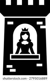 Queen wearing a crown stands inside the window of a black castle tower in this minimalist vector graphic illustration for creative design projects.