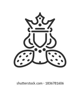 Queen. Woman in crown and royal mantle with necklace, linear icon. Editable stroke
