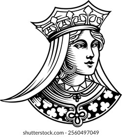 A queen woman wearing a medieval crown, mascot head or face. Original illustration in a vintage woodcut style.