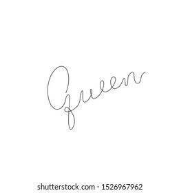 Queen word, calligraphy, continuous line drawing, hand lettering small tattoo, print for clothes, emblem or logo design, one single line on a white background, isolated vector illustration. 