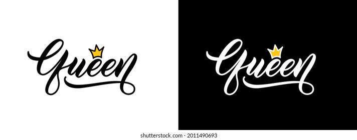 Queen word with crown. Hand lettering design for print on clothes. Modern calligraphy. T-shirt slogan. Queen - vector handwritten text isolated on black and white background.