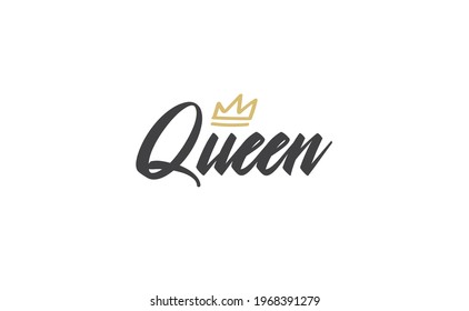 Queen word lettering with gold doodle crown. Vector illustration, calligraphic style text.