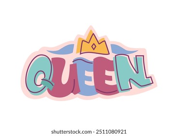 Queen word in street art or graffiti style, comic speech sound effects in creative manner. Vector isolated sticker with modern font and colorful letters. Crown with gem drawing, media reaction