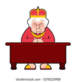 Queen for workplace Desktop. Boss old lady in crown sits at table. Vector illustration