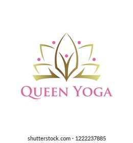 Queen yoga, a combination of crowns, abstract humans posing yoga and lotus flowers suitable for yoga and fitness logos.