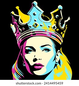 Queen. Young attractive blonde woman wearing golden crown encrusted with precious stones, vector illustration in vintage pop art style