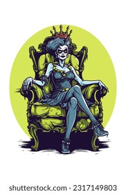 Queen Zombie in a throne A chilling depiction of undead royalty, with an eerie presence and an air of authority. Perfect for horror themed designs