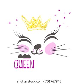 Queen-cat, crown, smile, asterisks. Smile, stroke the cat.