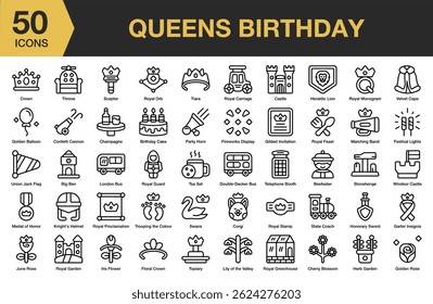 Ícone do Queens Birthday definido. Inclui aniversário, real, rainha, celebração, coroa, comemorar e Mais. Contornar coleção de vetores de ícones.