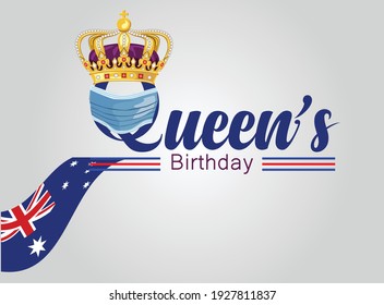 Queen's Birthday on white Background. vector illustration. golden crown with Australian flag .corona virus covid-19 concept	 svg