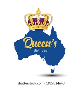 Queen's Birthday on white Background. vector illustration. golden crown with Australian map	 svg