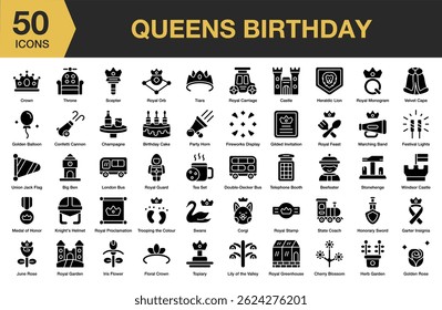 Conjunto de ícones sólidos do Queens Birthday. Inclui aniversário, real, rainha, celebração, coroa, comemorar e Mais. Coleção vetorial de ícones sólidos.