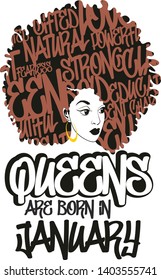 Queens are born in january, afro woman vector