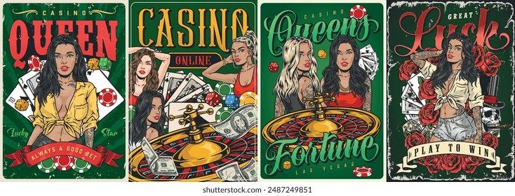 Queens casino colorful set posters with gambling girls with poker cards or tables for playing roulette for money vector illustration