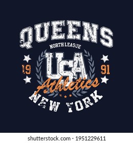 Queens college typography for t-shirt. Newyork slogan tee shirt, sport apparel print. NY vintage graphics. Vector illustration.