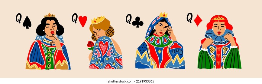 Reinas de diamantes, clubes, corazones, espadas. Retratos de mujeres ambientados. Jugar cartas, juegos de azar, concepto de póquer. Estilo de caricatura. Dibujo manual de la moderna ilustración vectorial. Cartel, impresión de camisetas, plantillas de diseño