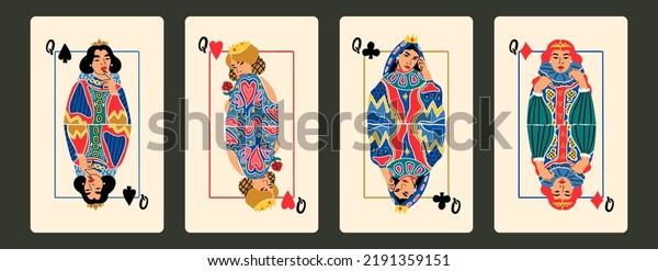 Queens of diamonds, clubs, hearts, spades.
Playing cards. Gambling, poker concept. Cartoon style. Hand drawn
modern Vector illustration. Poster, t-shirt print, logo, tattoo
idea, deck design
templates