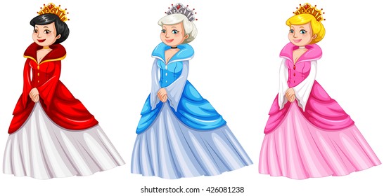 Queens in different costumes illustration