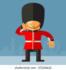 The Queen's Guard doubting. Flat style vector illustration on London background. National icon of Britain. Symbol of London. Soldier in traditional uniform. red coated in bearskin hat.