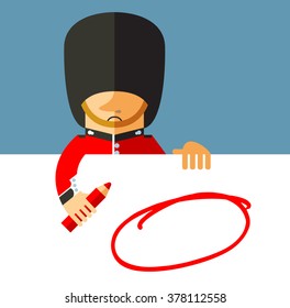 The Queen's Guard drawing a red pencil empty frame on banner. Flat style vector illustration. National icon of Britain. Symbol of London. Soldier in traditional uniform. red coated in bearskin hat.