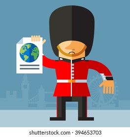 The Queen's Guard engaged in a global search. Flat vector illustration on London background. National icon of Britain. Symbol of London. Soldier in traditional uniform. red coated in bearskin hat.