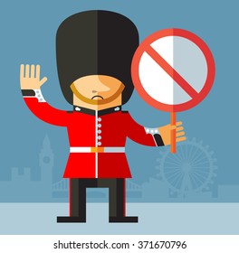 The Queen's Guard with forbidden sign. Flat style vector illustration on London background. National icon of Britain. Symbol of London. Soldier in traditional uniform. red coated in bearskin hat.