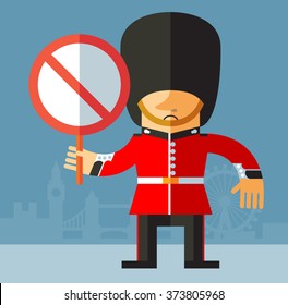 The Queen's Guard with forbidden sign. Flat style vector illustration on London background. National icon of Britain. Symbol of London. Soldier in traditional uniform. red coated in bearskin hat.