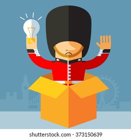The Queen's Guard get the idea holding bulb thinking outside the box. Flat vector illustration. National icon of Britain. Symbol of London. Soldier in traditional uniform. red coated in bearskin hat.