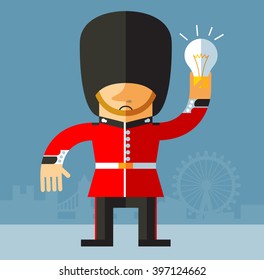 The Queen's Guard get the idea holding bulb. Flat vector illustration on London background. National icon of Britain. Symbol of London. Soldier in traditional uniform. red coated in bearskin hat.