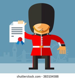 The Queen's Guard  with graduation diploma. Flat style vector illustration on London background. National icon of Britain. Symbol of London. Soldier in traditional uniform. red coated in bearskin hat.