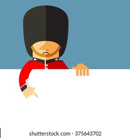 The Queen's Guard holding a blank sheet pointing. Flat vector illustration on London background. National icon of Britain. Symbol of London. Soldier in traditional uniform. red coated in bearskin hat.