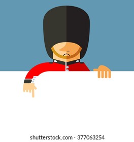 The Queen's Guard holding a blank sheet pointing. Flat vector illustration on London background. National icon of Britain. Symbol of London. Soldier in traditional uniform. red coated in bearskin hat.
