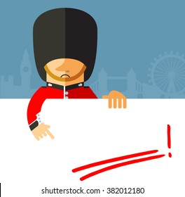 The Queen's Guard holding a blank sheet and pointing on red underline empty place. Flat vector illustration.Symbol of London. Soldier in traditional uniform. red coated in bearskin hat.