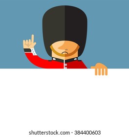 The Queen's Guard holding a blank sheet and making attention gesture with forefinger. Flat style vector illustration  Symbol of London. Soldier in traditional uniform. red coated in bearskin hat.