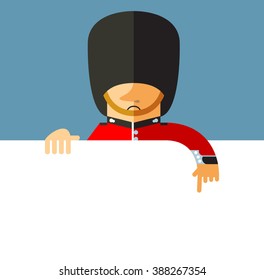 The Queen's Guard holding a blank sheet pointing. Flat vector illustration on London background. National icon of Britain. Symbol of London. Soldier in traditional uniform. red coated in bearskin hat.