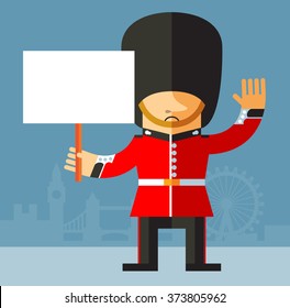 The Queen's Guard holding a blank sign. Flat style vector illustration on London background. National icon of Britain. Symbol of London. Soldier in traditional uniform. red coated in bearskin hat.