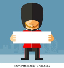 The Queen's Guard  holding a blank sign. Flat style vector illustration on London background. National icon of Britain. Symbol of London. Soldier in traditional uniform. red coated in bearskin hat.