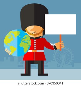The Queen's Guard holding a globe and blank sign. Flat style vector illustration. National icon of Britain. Symbol of London. Soldier in traditional uniform. red coated in bearskin hat.
