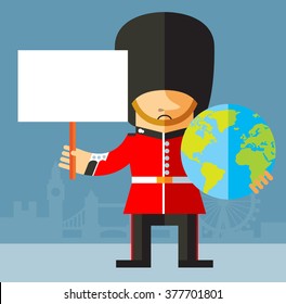 The Queen's Guard holding a globe and blank sign. Flat vector illustration on London background. National icon of Britain. Symbol of London. Soldier in traditional uniform. red coated in bearskin hat.