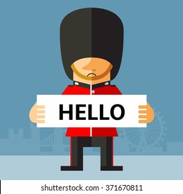 The Queen's Guard  holding a hello sign. Flat style vector illustration on London background. National icon of Britain. Symbol of London. Soldier in traditional uniform. red coated in bearskin hat.