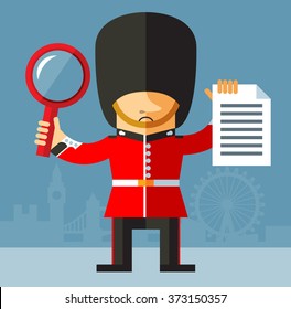 The Queen's Guard with magnifier glass and document searching. Flat style vector illustration. National icon of Britain. Symbol of London. Soldier in traditional uniform. red coated in bearskin hat.