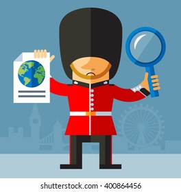 The Queen's Guard with magnifier glass and earth icon. Global search. Flat style vector illustration on London background. Soldier in traditional uniform. red coated in bearskin hat.