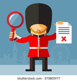 The Queen's Guard with magnifier glass holding checklist with X. Flat style vector illustration. National icon of Britain. Symbol of London. Soldier in traditional uniform. red coated in bearskin hat.