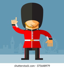 The Queen's Guard making attention gesture with forefinger. Flat style vector illustration National icon of Britain. Symbol of London. Soldier in traditional uniform. red coated in bearskin hat.