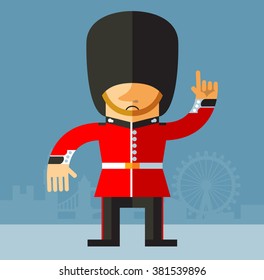 The Queen's Guard making attention gesture with forefinger. Flat vector illustration. National icon of Britain. Symbol of London. Soldier in traditional uniform. red coated in bearskin hat.