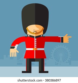 The Queen's Guard pointing direction. Flat style vector illustration on London background. National icon of Britain. Symbol of London. Soldier in traditional uniform. red coated in bearskin hat.