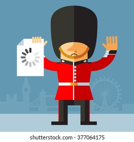 The Queen's Guard with preloader icon. Flat style vector illustration on London background. National icon of Britain. Symbol of London. Soldier in traditional uniform. red coated in bearskin hat.