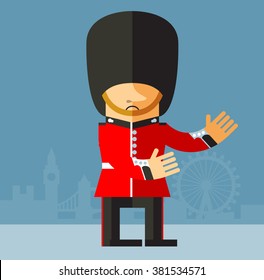 The Queen's Guard with welcome hands. Flat style vector illustration on London background. National icon of Britain. Symbol of London. Soldier in traditional uniform. red coated in bearskin hat.