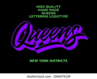 Queens hand made calligraphic lettering logo in dynamic neon style. Typographic design work for t-shirts, greetings, media. New York city theme in original self-made style with eye-catching color.